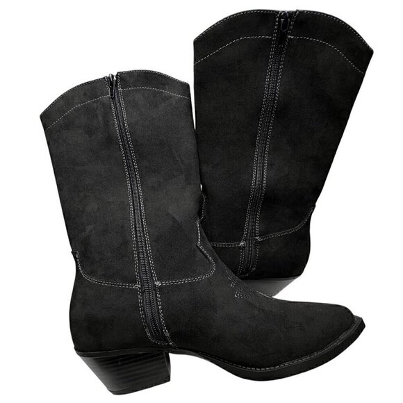 Cowgirl Boots Black Vegan Suede Western Mid Calf Floral Detail Women’s 9.5 NEW - Picture 4 of 11